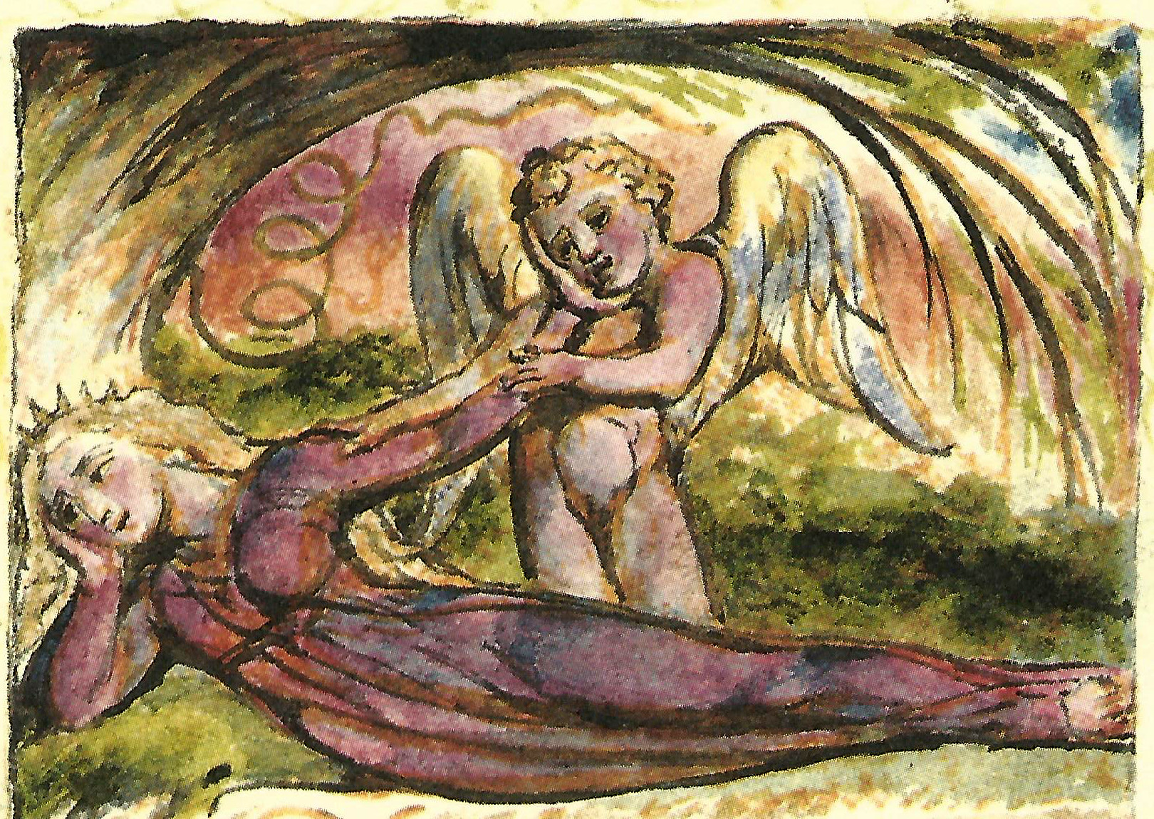 Painting of a woman lying down with arm stretched out and back toward a cherubic angel's face.