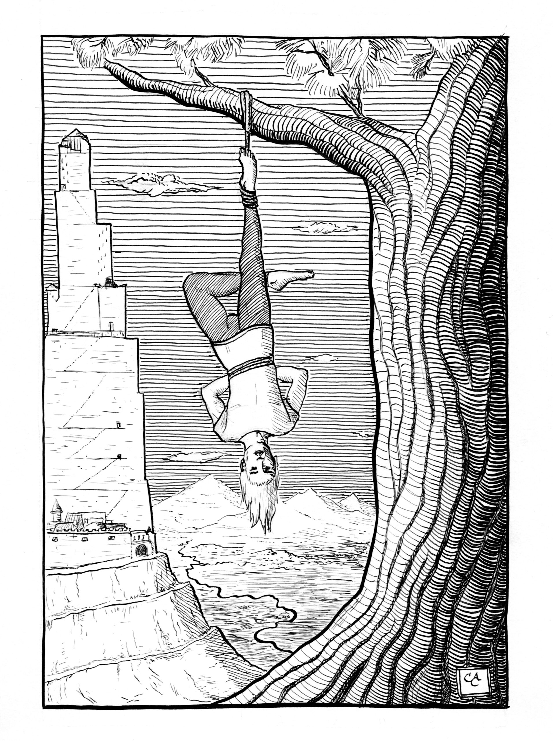 A pen and ink illustration of the tarot card Hanged Man - a figure hangs suspended from one leg by a great tree that ascends on the right, with a tower in the distance ascending on the left, and mountains in the background.